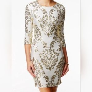 B Darlin Gold Sequin White Bodycon. Sleeve Keyhole Back Sexy Mini Dress